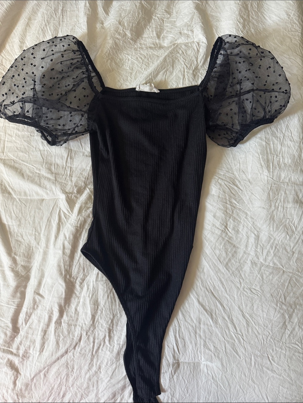 Altar'd State Black Ribbed Bodysuit with Sheer Puff Sleeves